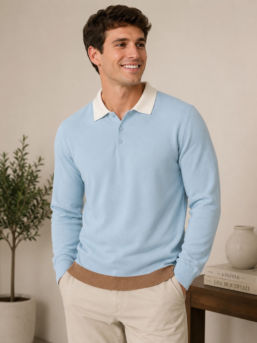 GOLF WANG Men’s Colorblock Knit Polo Sweater Blue Brown Cream Size M